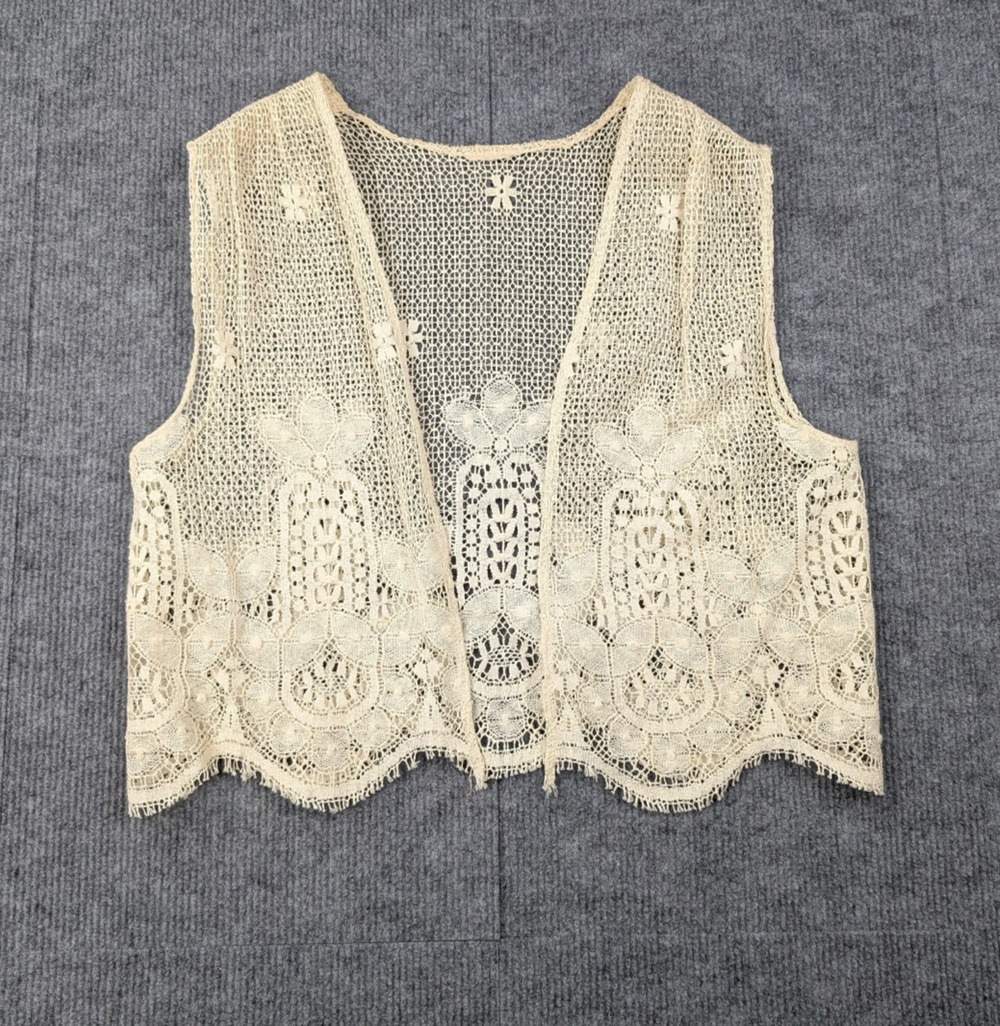 Filet Crochet Blouse Top Vest OS Edwardian White Floral Vintage Cottage Regency